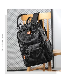 Détail du sac à dos camouflage avec port de charge USB latéral et tirettes de zip orange