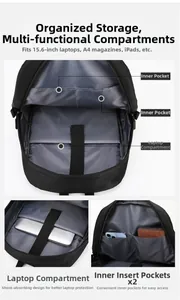 Internal view of business backpack with 15.6 inch laptop compartment and pockets