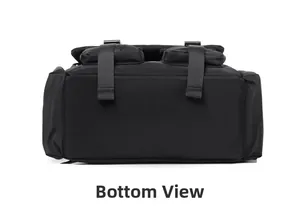 Bottom view of black tactical backpack showing adjustable buckles and sturdy nylon fabric
