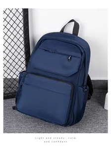 Detail view of a navy blue waterproof travel backpack with multiple storage pockets
