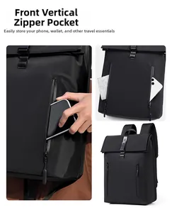 Detail of the front vertical zipper pockets on the black business backpack for storage