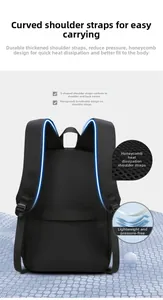 Detail view of ergonomic S-shaped shoulder straps and breathable mesh back of black backpack