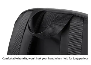 Close-up of the comfortable reinforced carrying handle on a black nylon backpack