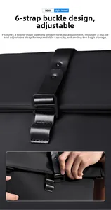 Detail of adjustable 6-shaped metal hook and roll-top expansion on a black business backpack