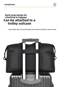 Detail view of the travel bag rear strap securely attached to luggage handle