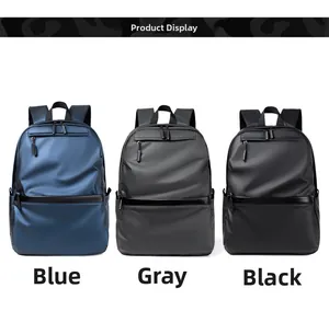 Three business laptop backpacks in blue, grey, and black with waterproof fabric details