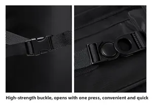 Detail of high-quality plastic buckles and durable nylon webbing on a black backpack
