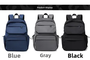 Water-resistant travel backpack in blue, gray and black colors with nylon fabric details