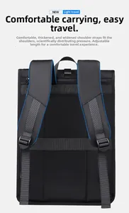Detail of ergonomic S-shaped shoulder straps and luggage strap on black business backpack