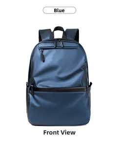 Front view of a blue travel backpack with black zippers and dual storage compartments