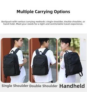 Black business backpack shown in single shoulder, double shoulder, and hand carry modes