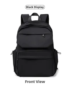 Front view of black waterproof nylon backpack with multi-layer zipper storage pockets