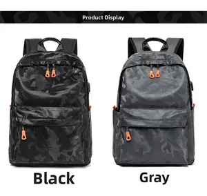 Détails de sacs à dos camouflage noirs et gris avec des tirettes de zip orange vif