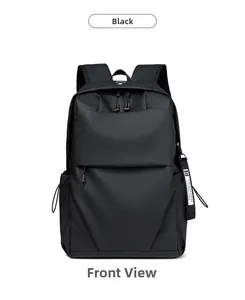 Front view of black minimalist business laptop backpack with decorative fashion strap