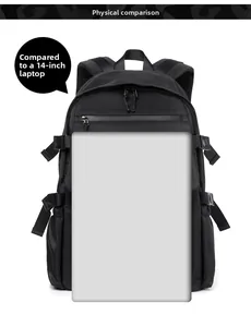 Size comparison of black waterproof nylon backpack showing fit for 14-inch laptop