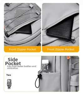 Detail of grey backpack storage system with front mesh pocket and drawstring side pocket