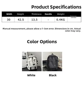 Size chart for canvas backpack showing dimensions 30x42.5x13.5cm and lightweight 0.4kg
