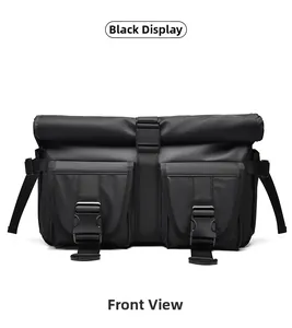 Front view of black waterproof nylon messenger bag with roll-top and buckle pockets