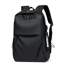 Detailed side view of black waterproof business backpack with fashion pendant strap