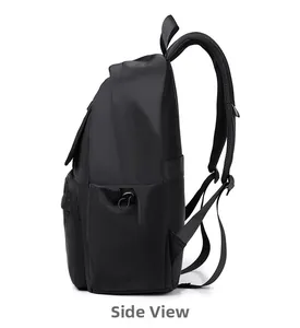 Side view of black waterproof backpack featuring adjustable drawstring pockets and breathable straps