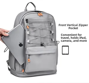 Detail of high-density nylon backpack with front vertical zipper pocket for iPad storage