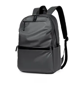 Detail view of dark grey business laptop backpack with waterproof nylon texture and zippers
