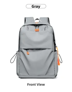 Detailed front view of a gray backpack with orange zipper pulls and waterproof fabric