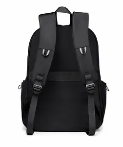Ergonomic back of black waterproof backpack with luggage strap and S-shaped shoulder straps