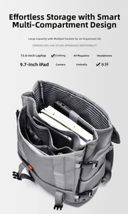 Detail of multi-compartment interior with 15.6-inch laptop and tablet storage pockets