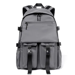 Deep grey waterproof nylon backpack with multiple compartments and adjustable buckles