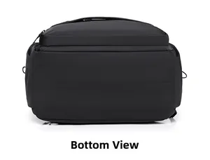 Flat bottom view of black waterproof nylon travel backpack with smooth texture and reflection