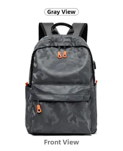 Vue avant d'un sac à dos camouflage gris avec zips orange et tissu en nylon robuste