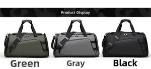 Front view of large sports bags in green, gray, and black with adjustable straps