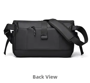 Back view of waterproof black messenger bag with adjustable strap and hidden zipper pocket