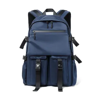 Large capacity navy blue nylon backpack with multiple compartments and breathable mesh straps
