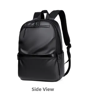 Side view of black business laptop backpack showing textured waterproof fabric and zippers