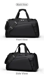 Front and side view of black waterproof travel duffel bag with dry-wet separation pocket