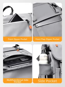 Detailed views of multi-compartment storage pockets on a gray water-resistant backpack