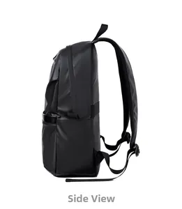 Side view of black business backpack showing wide shoulder straps and side pocket