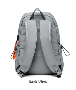 Detail view of the gray backpack back with USB charging port and padded shoulder straps