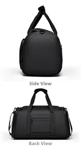 Side and back view of waterproof travel bag with luggage sleeve and reinforced handles