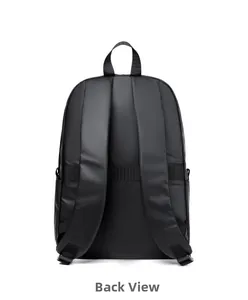 Detail of backpack back with padded straps and luggage trolley strap in black