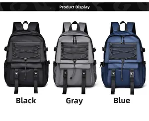 Waterproof nylon backpack in black, grey, and blue with mesh pockets and adjustable straps