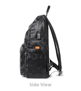 Vue latérale du sac à dos camouflage noir avec port USB et bretelles rembourrées