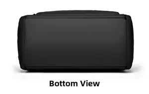 Detailed bottom view of black travel duffle bag showing durable stitching and material