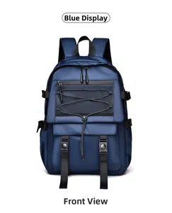Detailed front view of navy blue backpack with bungee cords and multi-layer buckles