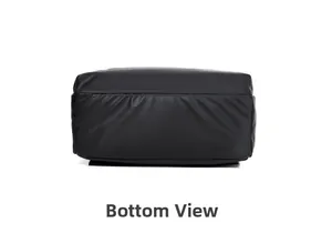 Detailed view of the water-resistant black backpack bottom showing reinforced stitching