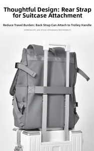 Gray backpack featuring back trolley sleeve design attached to a white suitcase handle