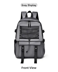 Front view of grey large capacity laptop backpack with mesh pocket and strap design