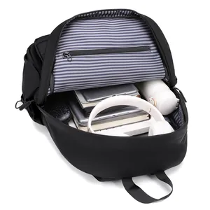 Black waterproof travel backpack with large capacity and striped lining storage
